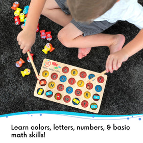 LMC Products Magnetic Alphabet Fishing Toy back shows numbers for basic math practice