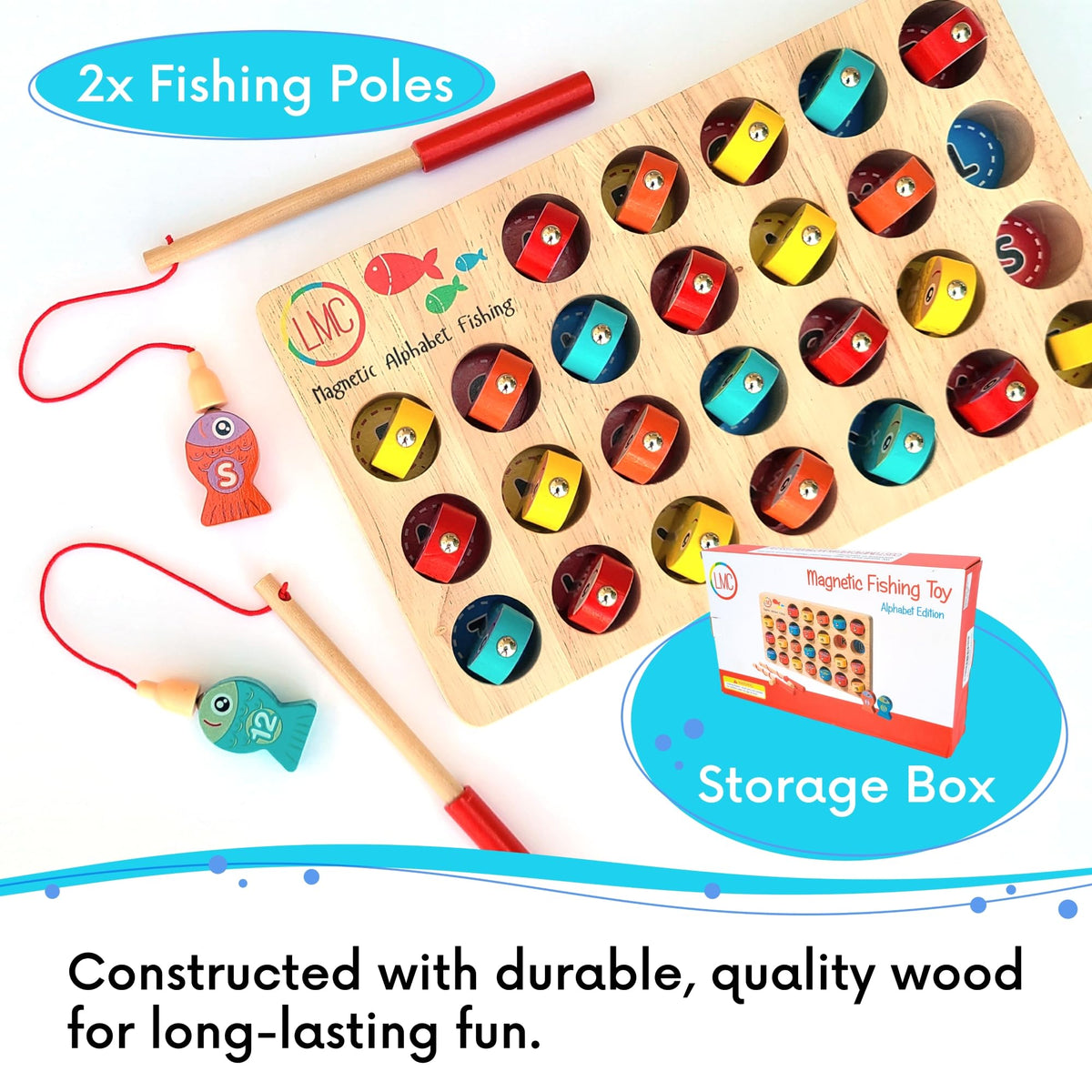 LMC Products Magnetic Alphabet Fishing Toy colorful fish pieces laid out for early learning