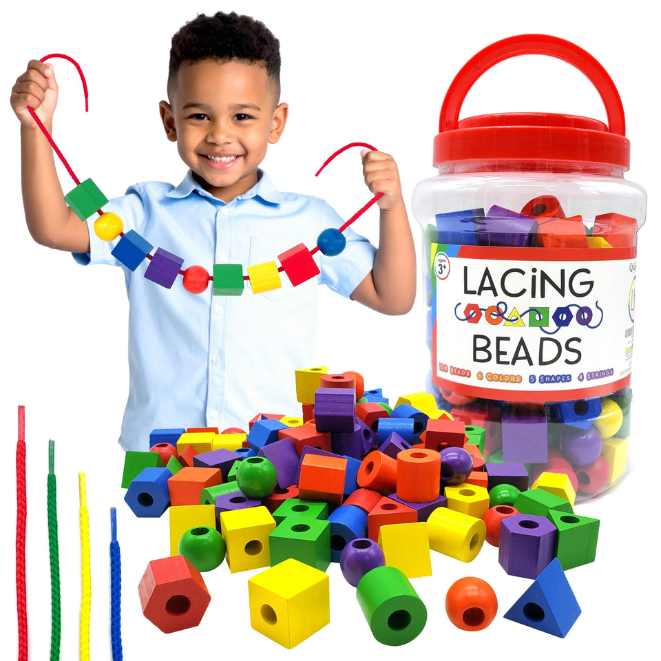 LMC Products wooden lacing beads in six colors and five shapes for threading play