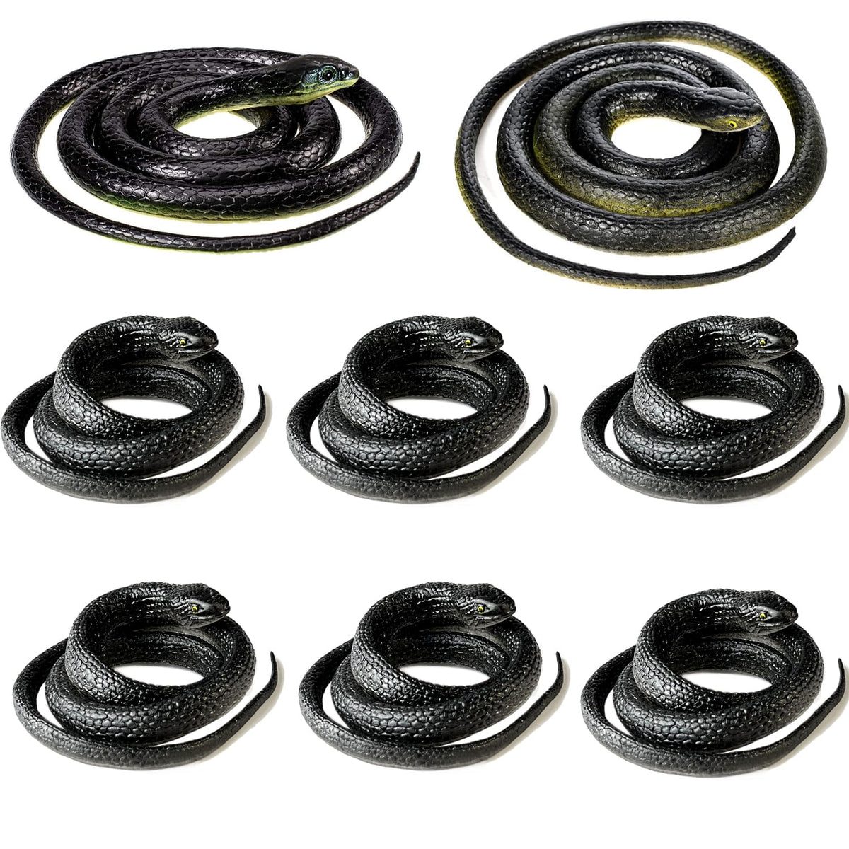 Lnbeyw large black rubber snake, 49-inch, lifelike detail for garden deterrence and pranks.