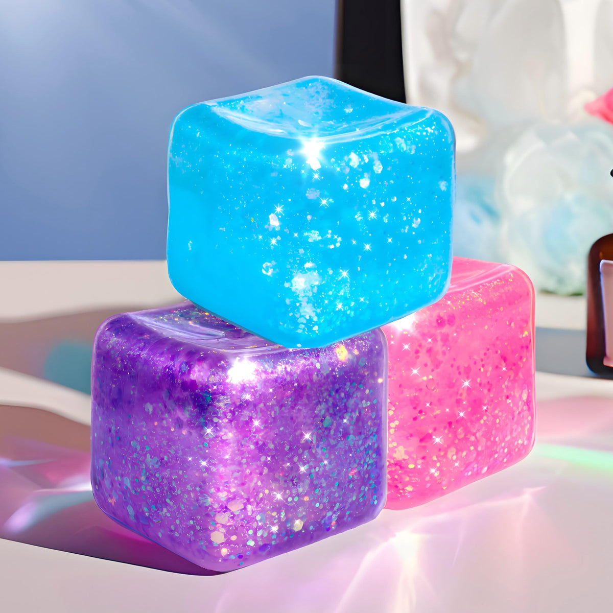 LNYEWLZTR blue slow-rise glitter squishy cube for calm focus and palm-sized stress relief.