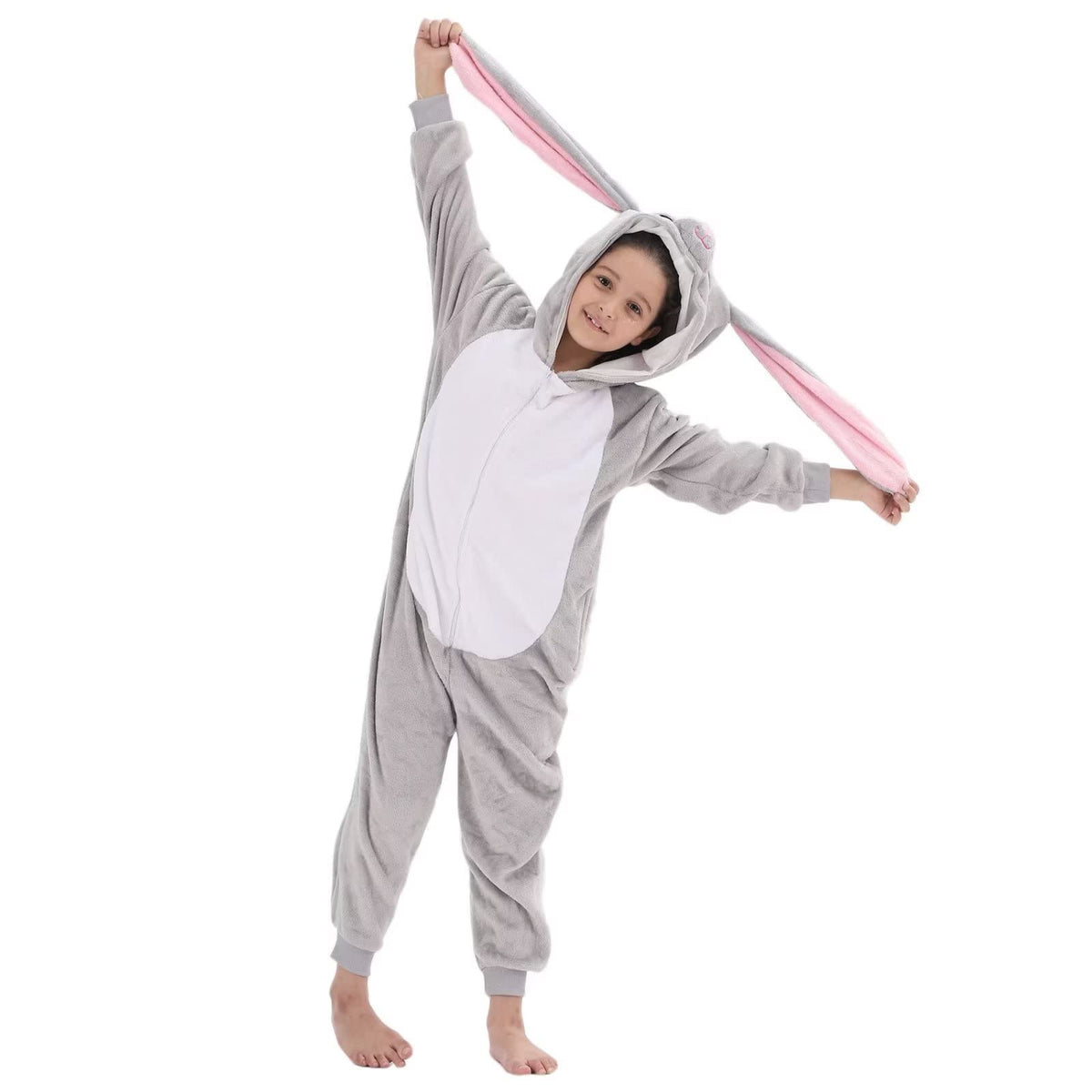 LOBUJOU Kids Onesie Gray Rabbit front view showcasing cozy fleece and playful hood for cozy wear.