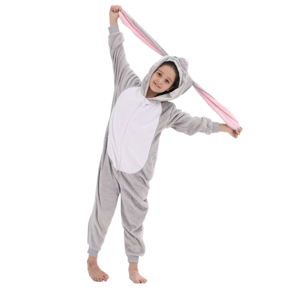 LOBUJOU Kids Onesie Gray Rabbit front view showcasing cozy fleece and playful hood for cozy wear.