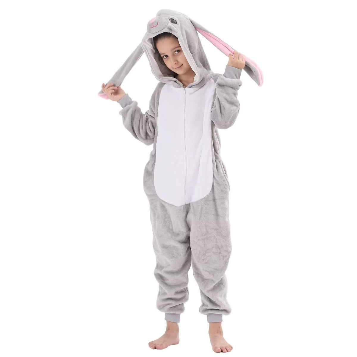 LOBUJOU Kids Onesie Gray Rabbit full-view demonstrates versatile wear for home or cosplay.