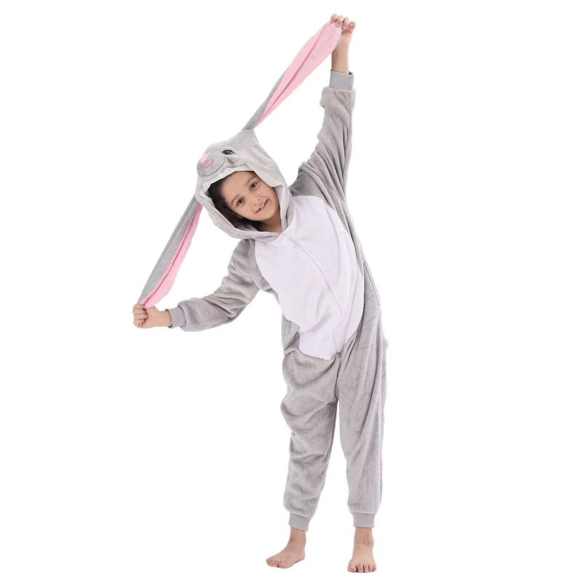 LOBUJOU Kids Onesie Gray Rabbit hood detail highlights soft interior for gentle warmth during playtime.