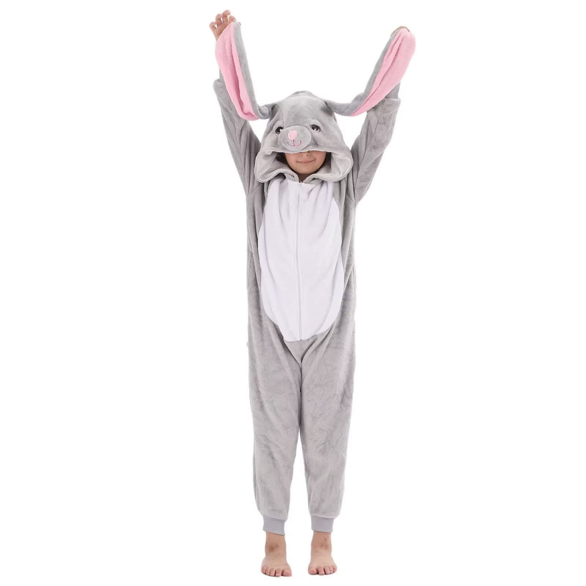 LOBUJOU Kids Onesie Gray Rabbit wearer relaxing after school, showcasing machine-washable fleece comfort.