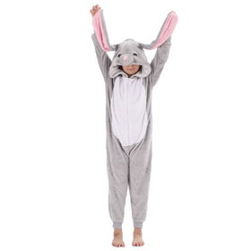 LOBUJOU Kids Onesie Gray Rabbit wearer relaxing after school, showcasing machine-washable fleece comfort.