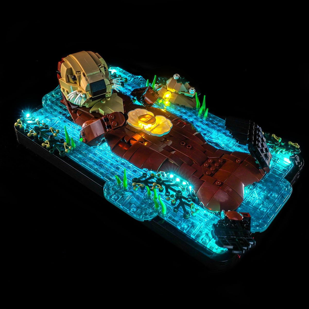 LocoLee light kit on LEGO Sea Otters front view with warm glow highlighting details