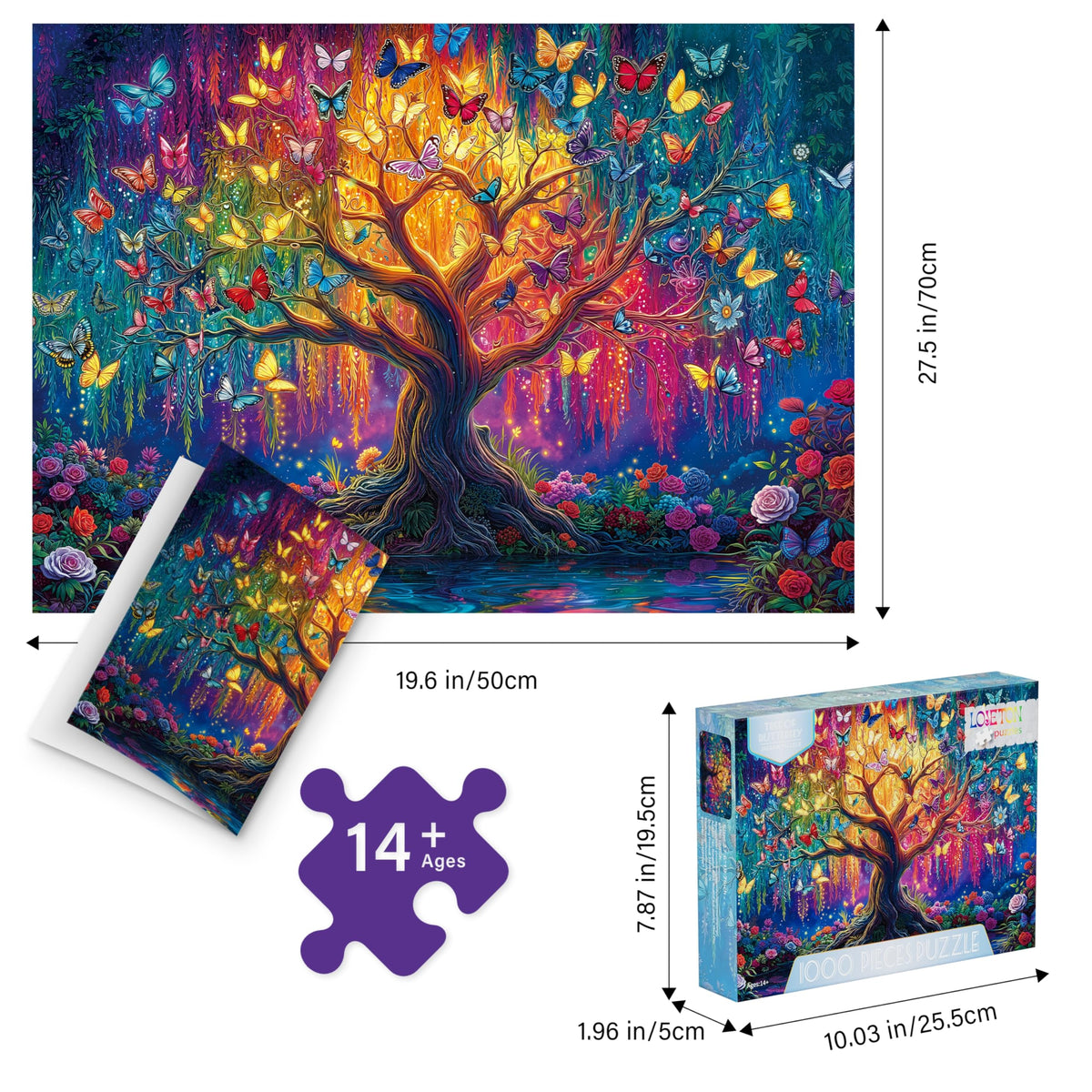 LOJETON Butterfly Trees puzzle pieces-out spread highlighting bold hues for immersive solving