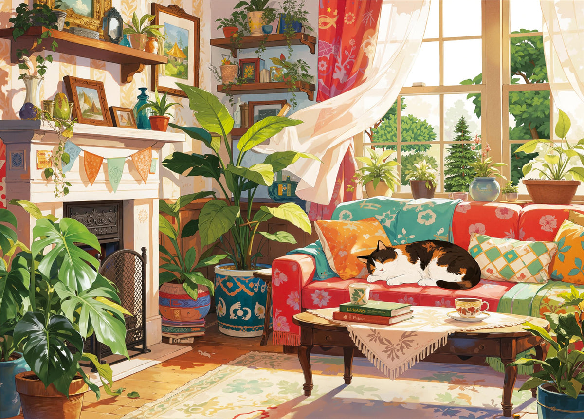 LOJETON Cat Cozy Puzzle 1000pc with feline and greenery scene for calming, focused time