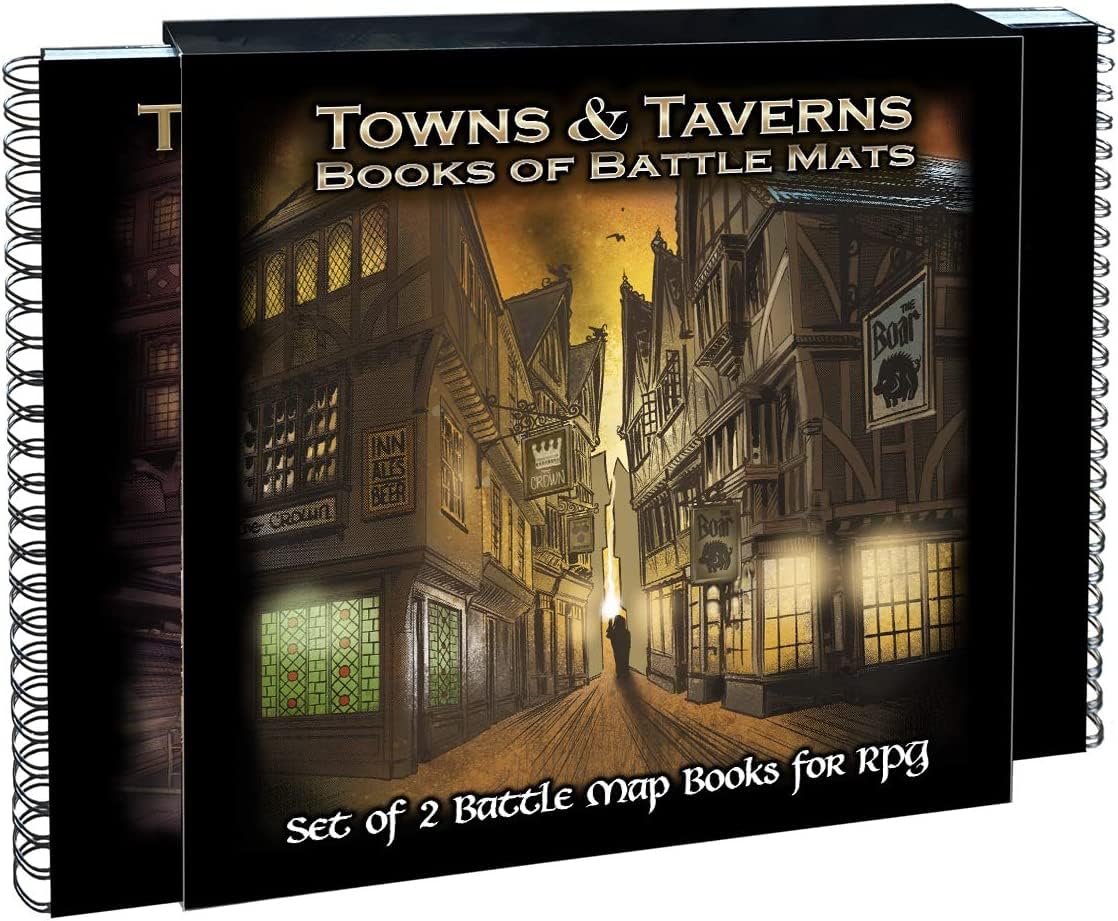 Loke BattleMats Towns & Taverns spread showing linked pages for quick street campaigns