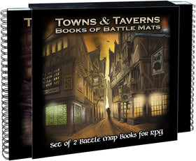 Loke BattleMats Towns & Taverns spread showing linked pages for quick street campaigns