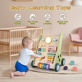 Close-up of the 9-in-1 activity center features for LOL-FUN walker.
