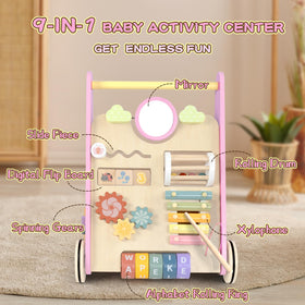 LOL-FUN pink walker with rubber wheels protects floors.
