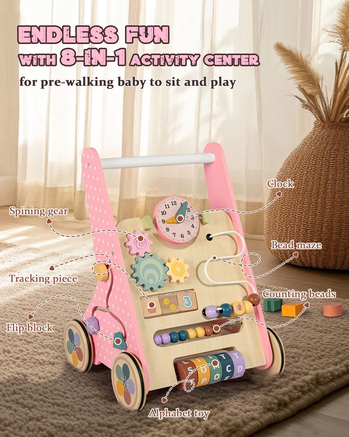 LOL-FUN ergonomic wooden frame supports natural walking posture for toddlers.