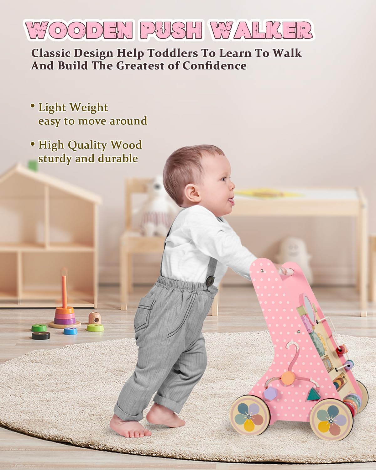 LOL-FUN soft color wooden construction protects the baby’s vision during exploration.