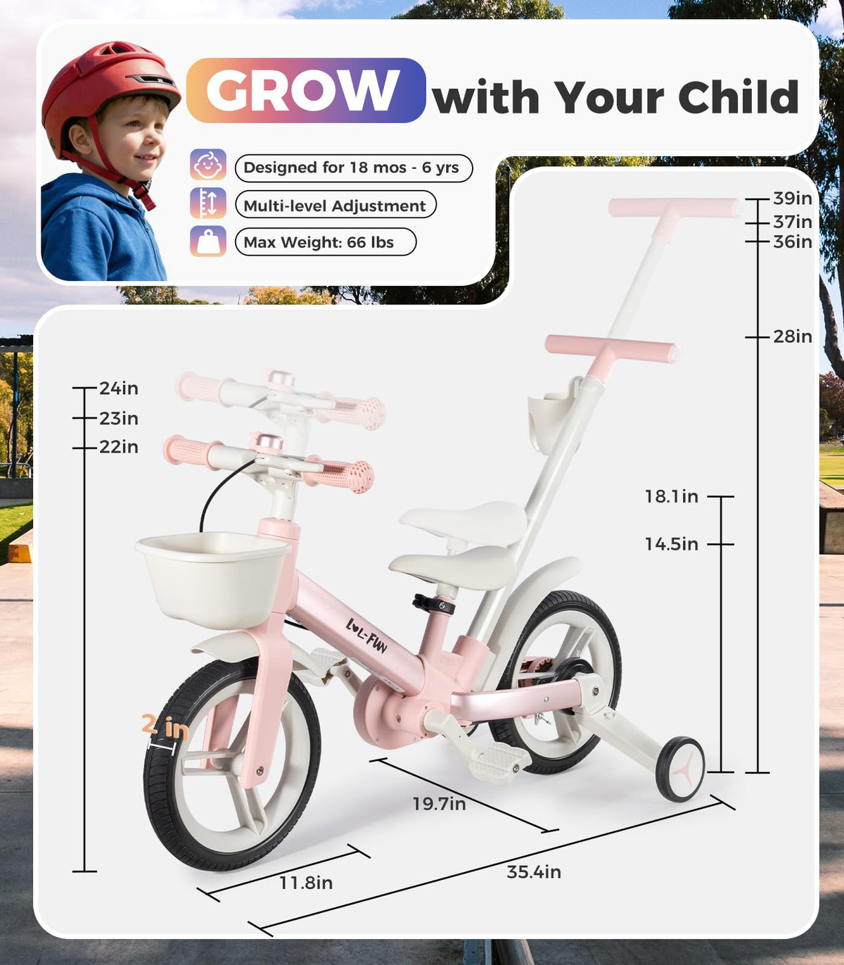 LOL-FUN 6-in-1 bike in use outdoors with child.
