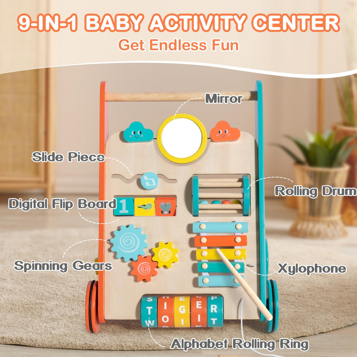 LOL-FUN 9-in-1 center close-up highlights mirror, xylophone, and alphabet ring.