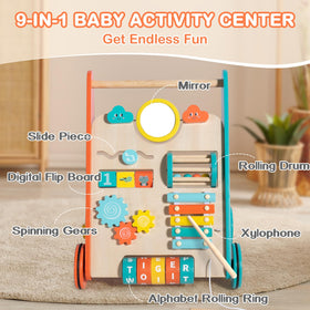 LOL-FUN 9-in-1 center close-up highlights mirror, xylophone, and alphabet ring.