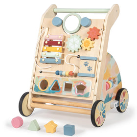 LOL-FUN wooden baby walker with detachable busy board for versatile play and learning.