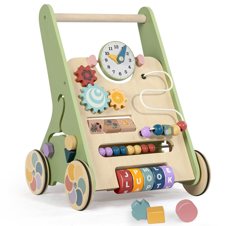 LOL-FUN wooden baby walker front view shows sturdy frame aiding balance and exploration.