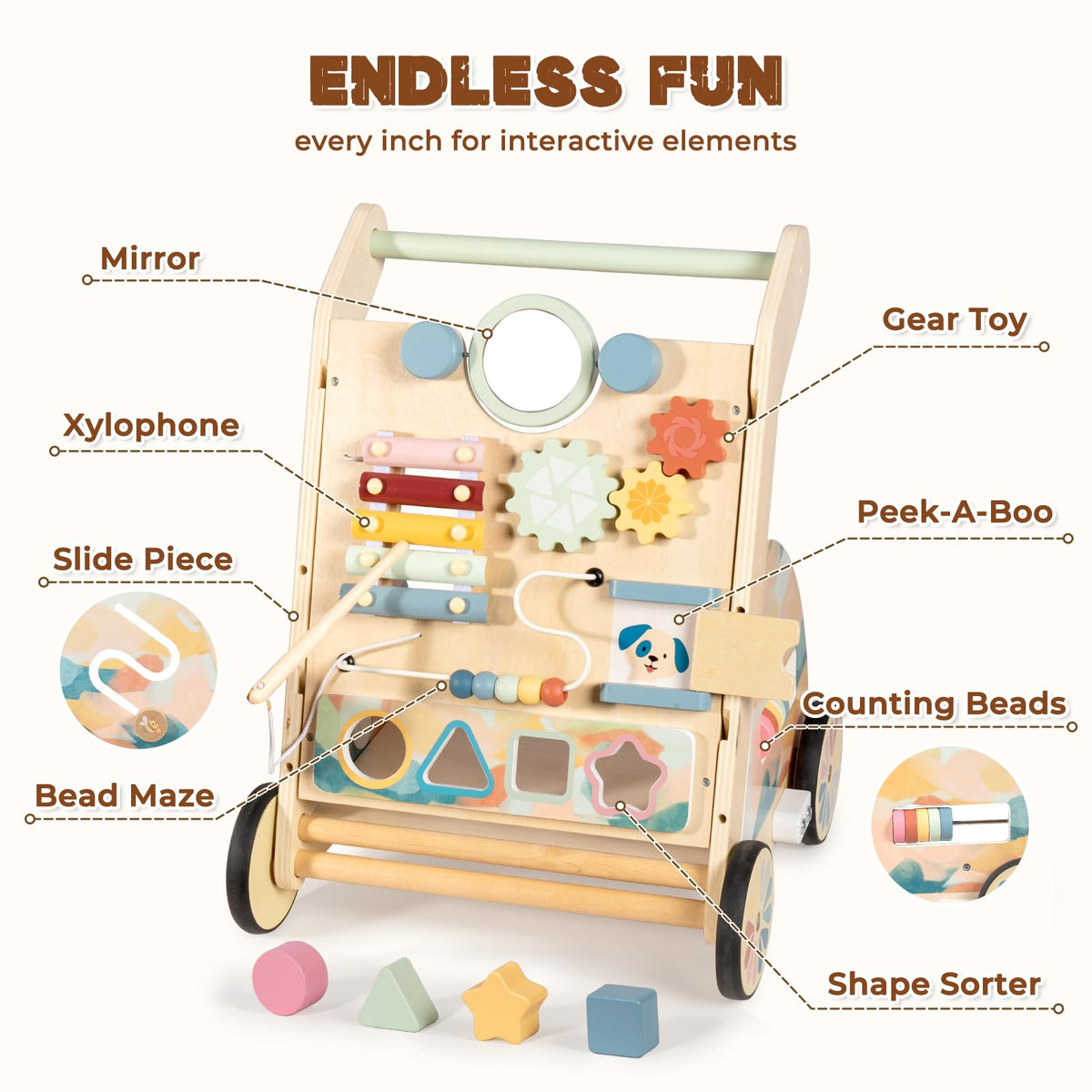 LOL-FUN walker with non-slip wheels protects floors during exploration.