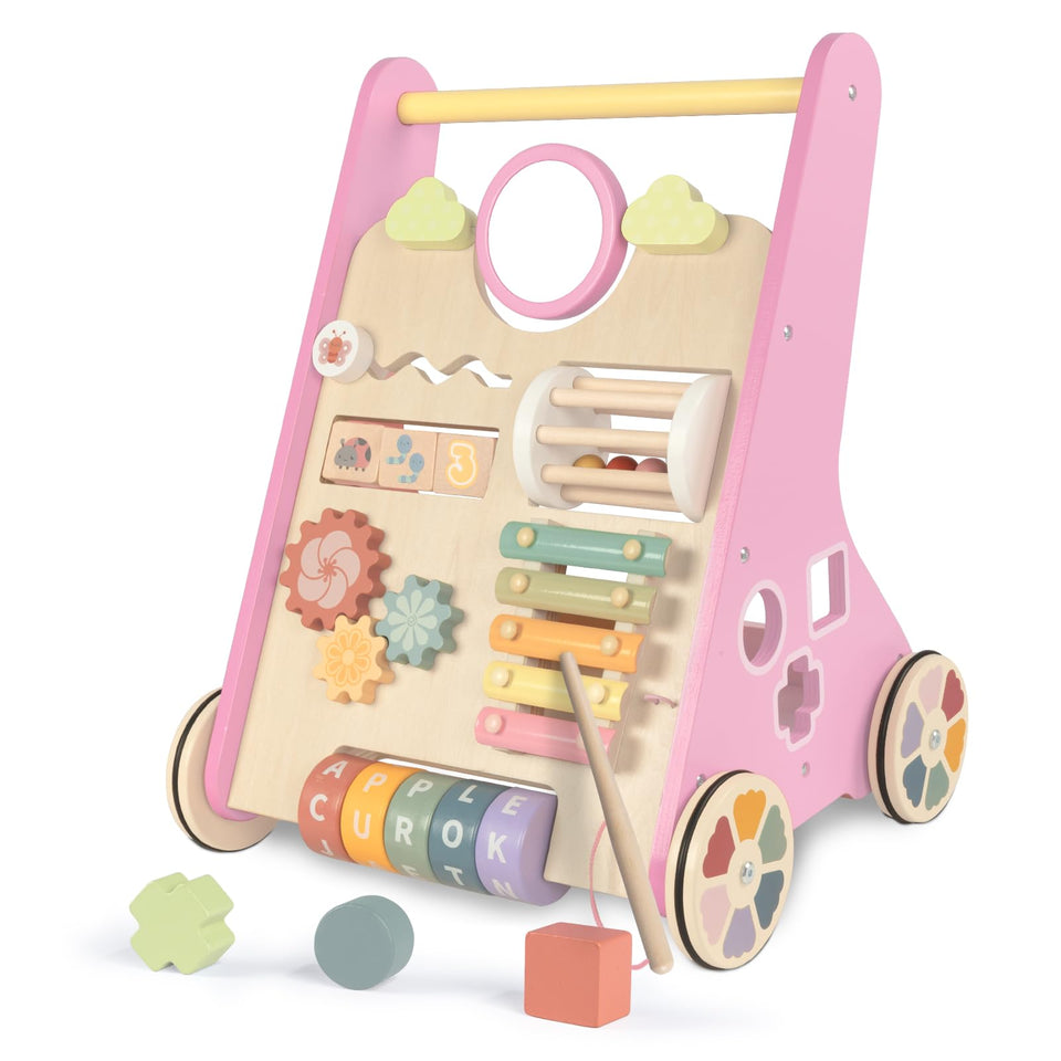 LOL-FUN wooden baby walker with pink wheels supports safe first steps.