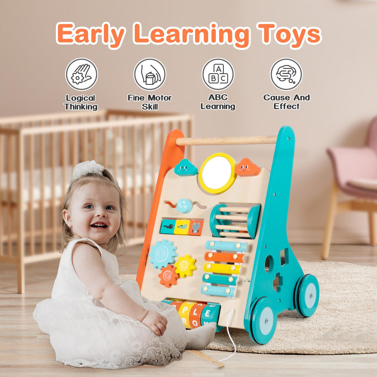 LOL-FUN wooden walker rubber wheels protect floors during indoor play.