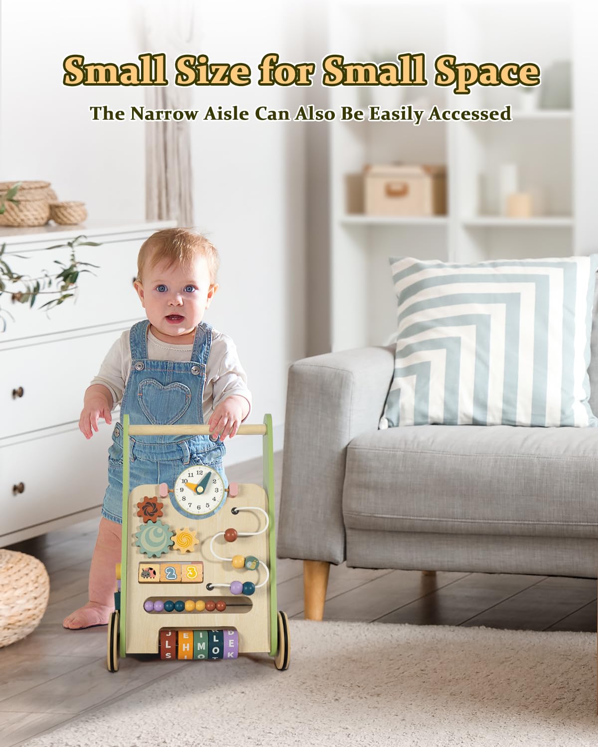 LOL-FUN wooden baby walker side view highlights smooth wheels for easy indoor mobility.