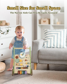 LOL-FUN wooden baby walker side view highlights smooth wheels for easy indoor mobility.