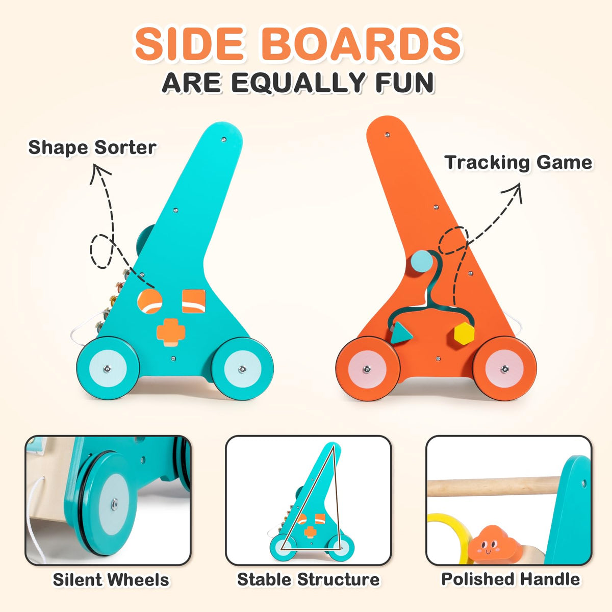 LOL-FUN wooden push walker demonstrates sit-to-stand support for learning to walk.