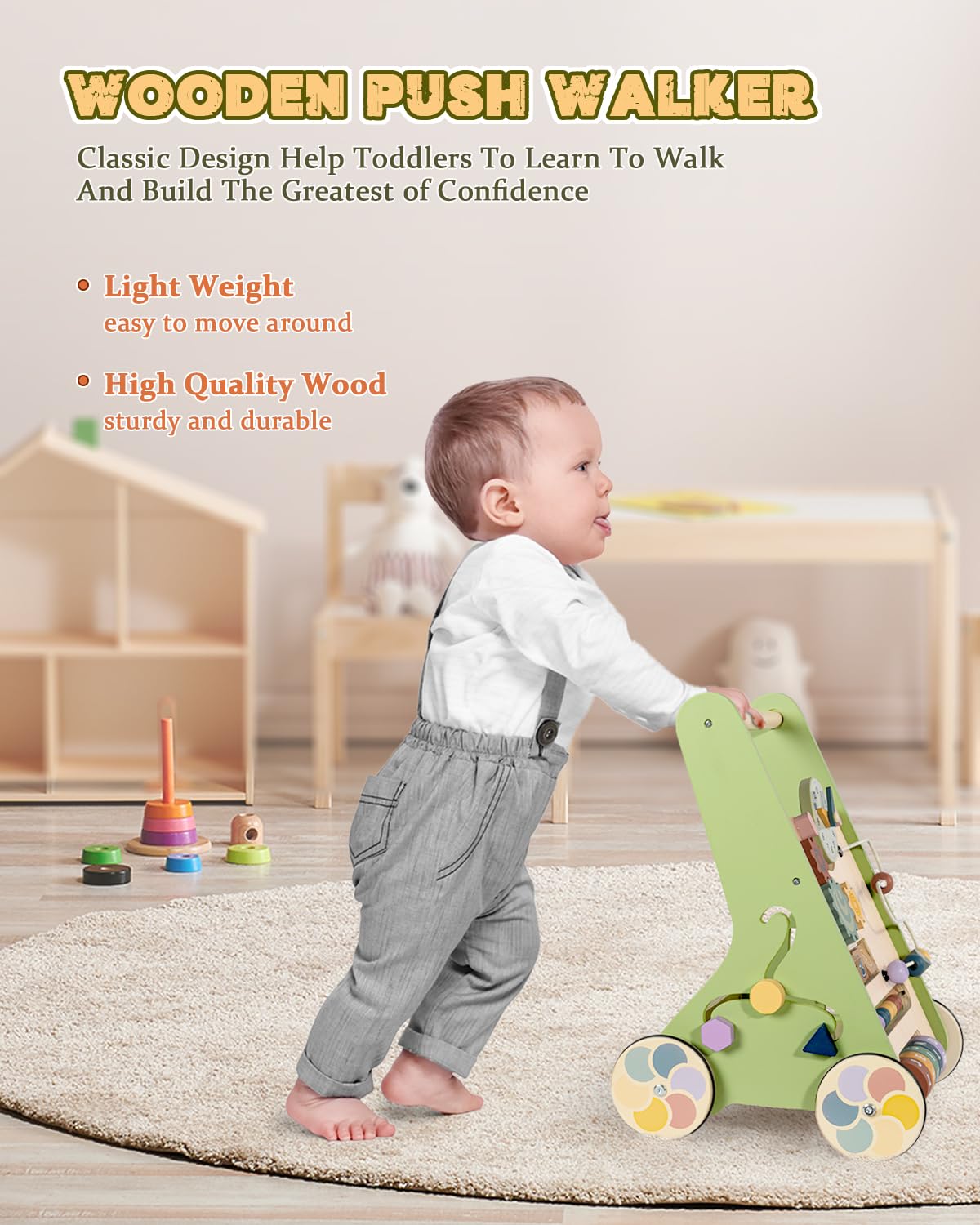 LOL-FUN wooden baby walker storage back panel keeps small toys neatly nearby.