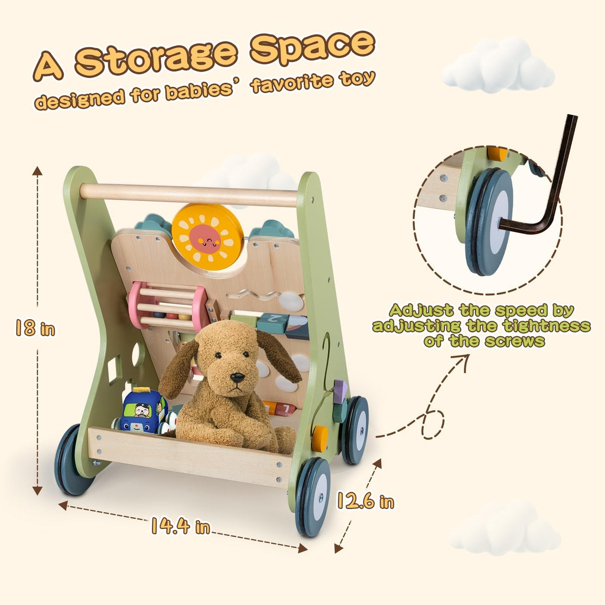Back storage keeps toys within reach during playtime with LOL-FUN walker.