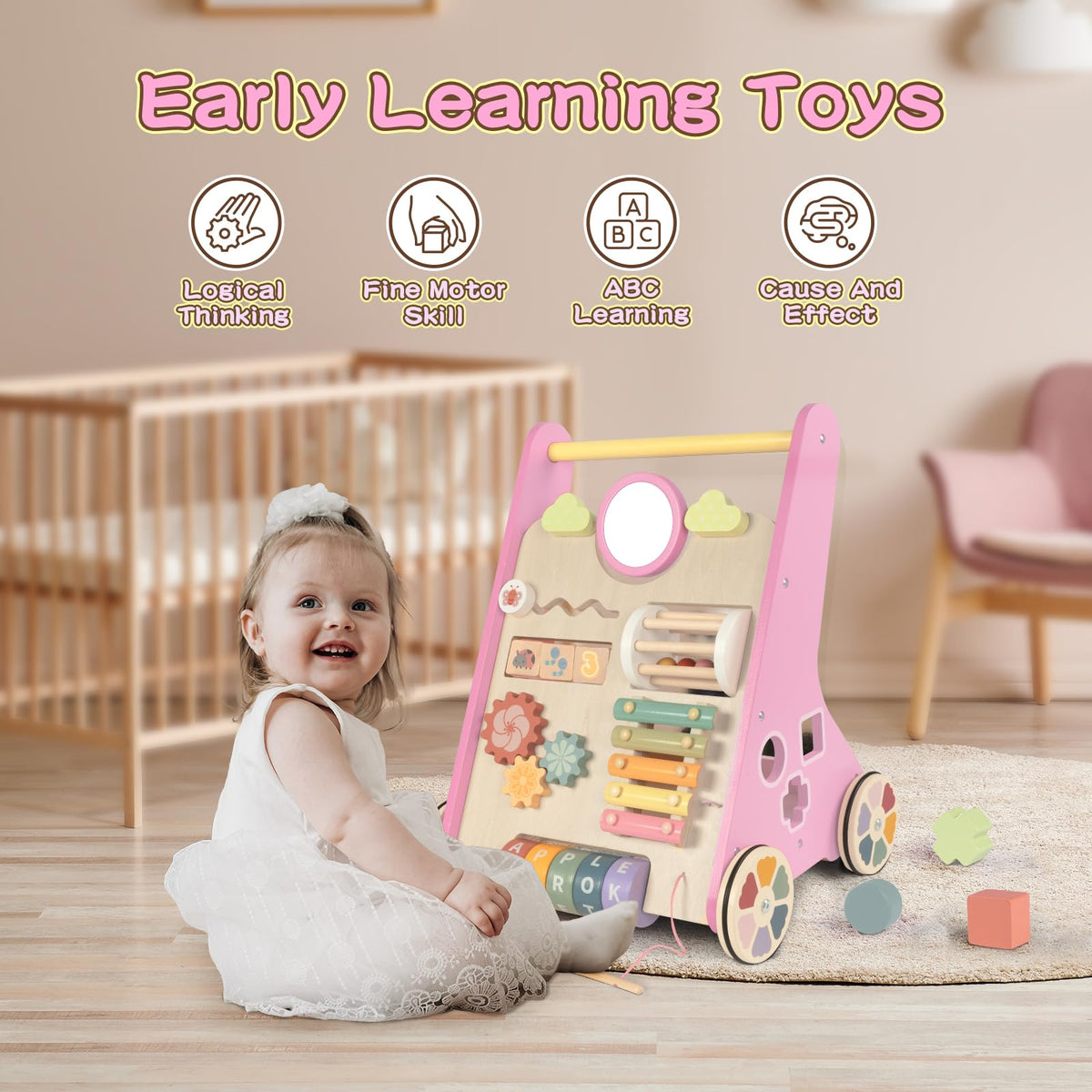 LOL-FUN back storage keeps baby's toys within reach.
