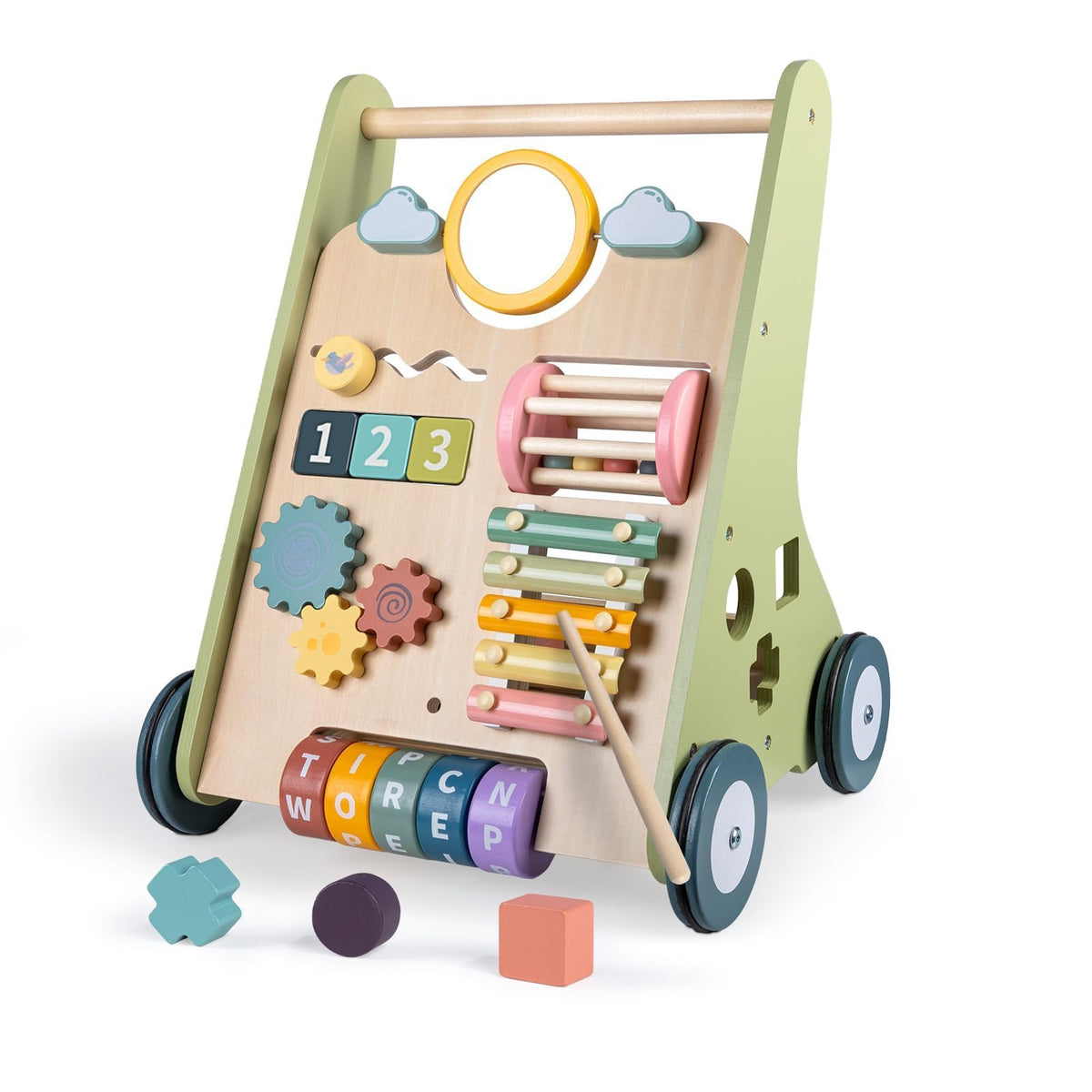 LOL-FUN wooden walker front view promotes stable early steps.