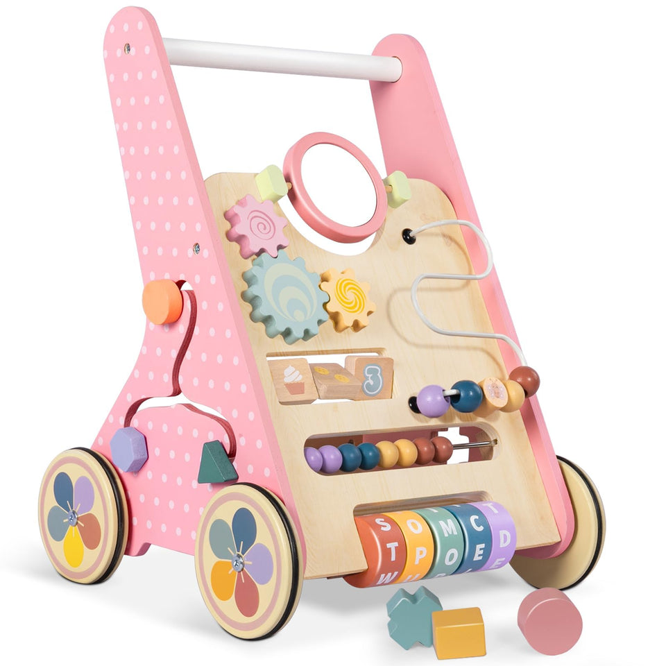 LOL-FUN wooden baby walker with wheels promotes steady mobility for new walkers.