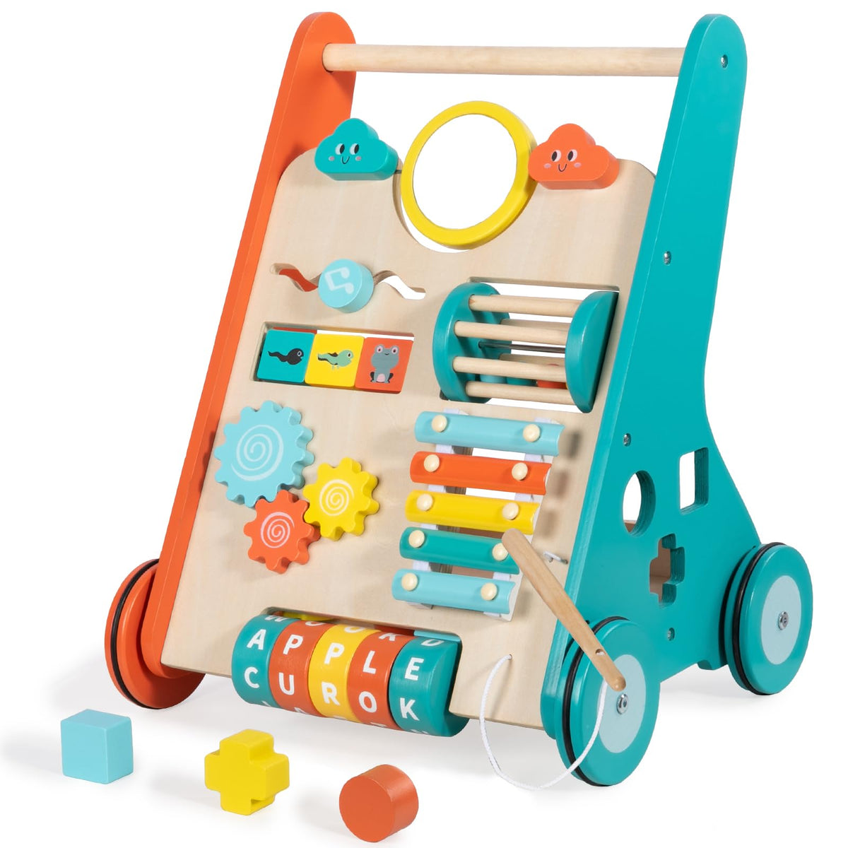 LOL-FUN wooden baby walker with wheels front view promotes early mobility.