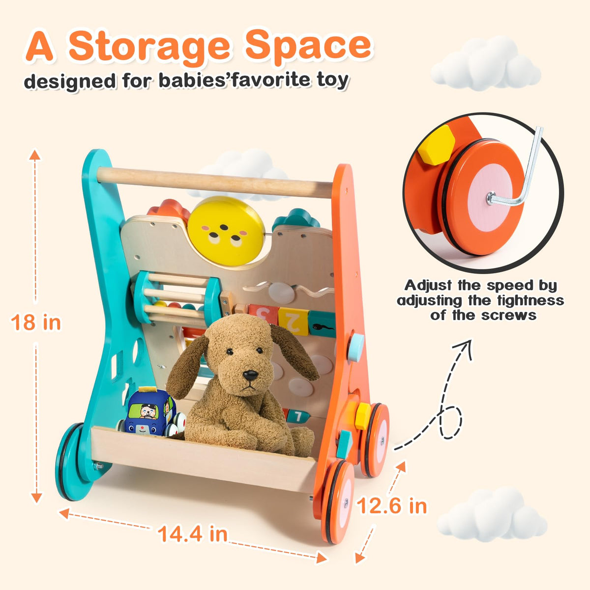 LOL-FUN wooden baby walker with wheels side view shows sturdy construction.