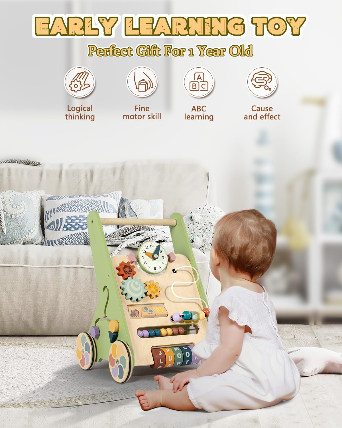 LOL-FUN wooden baby walker durable wood texture supports long-lasting playtime.