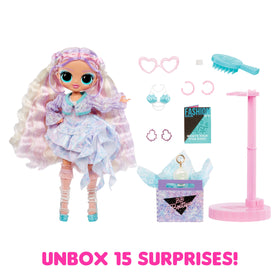 Pearla wearing a pastel jacket with accessories for pretend beach fashion.
