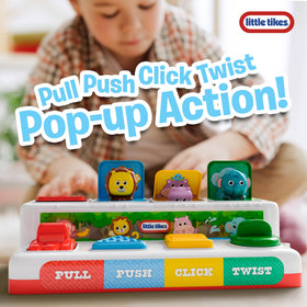 Lollipop Little Tikes Pop and Play Pals click action fosters cause-and-effect exploration.