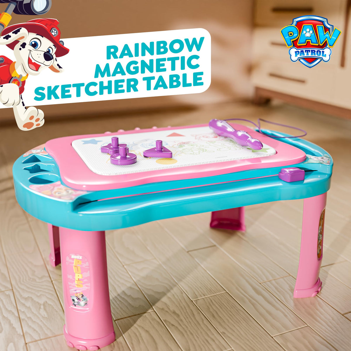 Lollipop Paw Patrol board stores stamps, shapes, and pen for easy access.