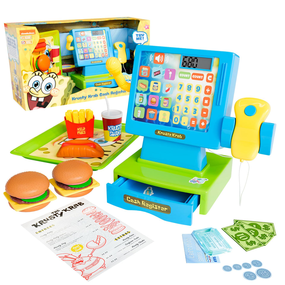 Lollipop SpongeBob cash register with Krusty Krab drawer promotes early counting through pretend transactions
