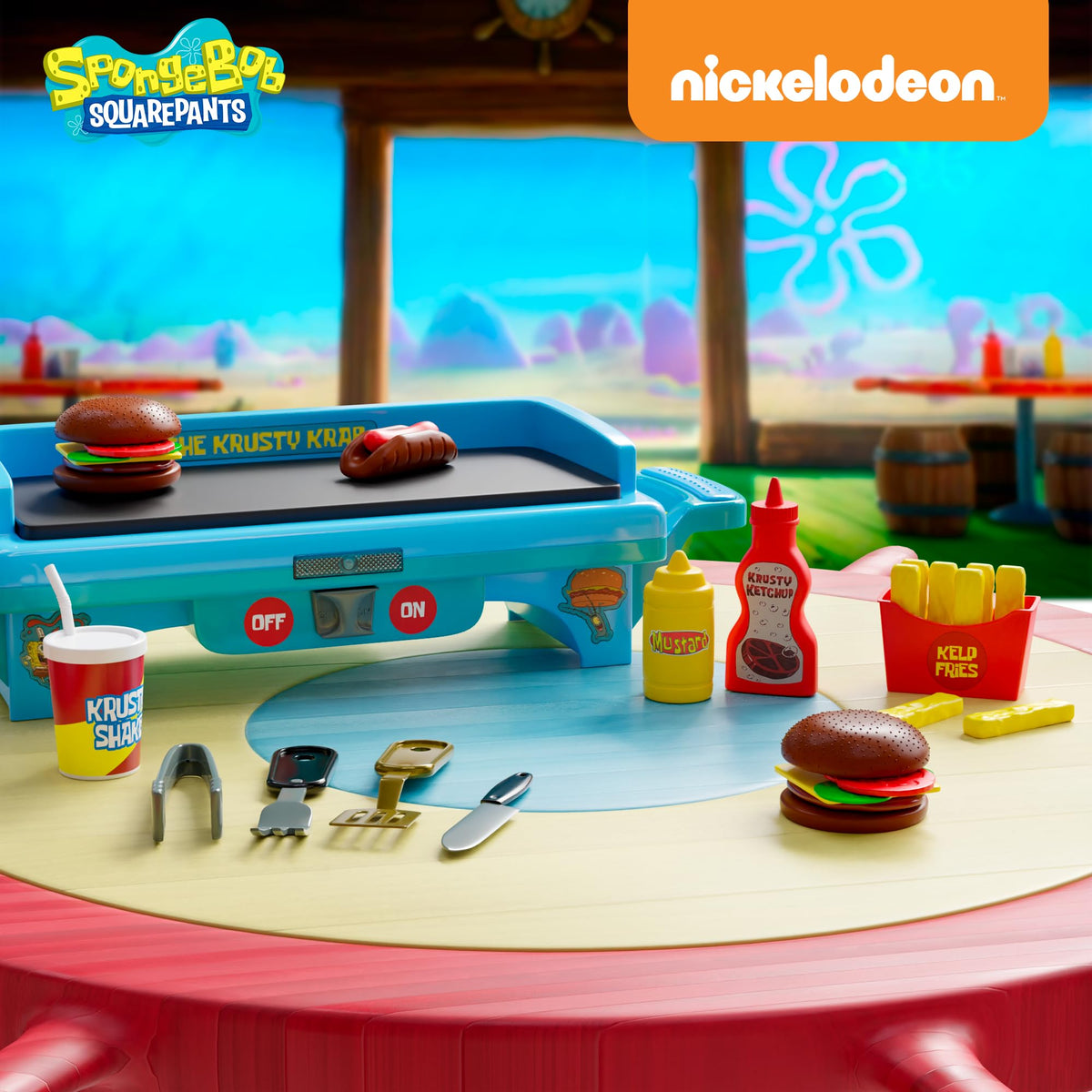 Lollipop Spongebob Grill Playset shows Krabby Patties for role-play lunches