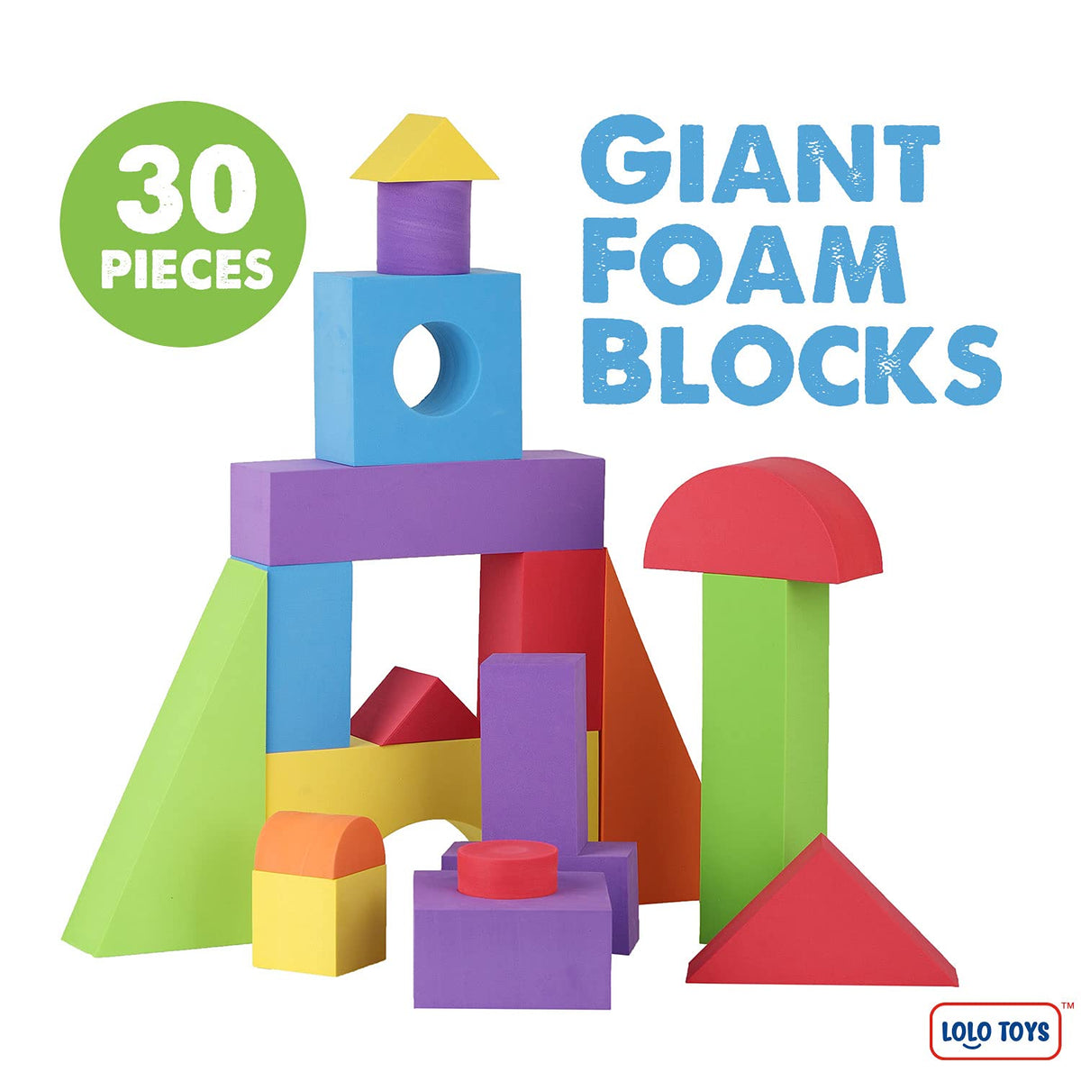LOLO TOYS colorful foam blocks in six colors for creativity and color recognition.