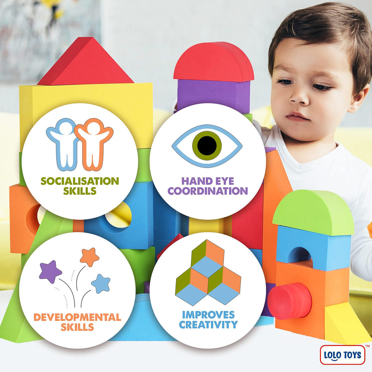 LOLO TOYS soft, safe foam blocks designed for gentle toddler handling.