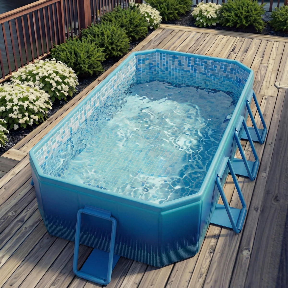LOMOTIVE pool in blue backyard scene ideal for family cooling and play.