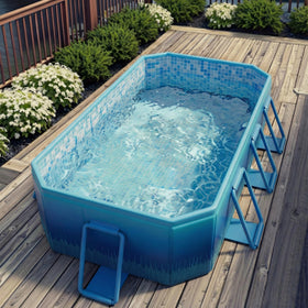 LOMOTIVE pool in blue backyard scene ideal for family cooling and play.