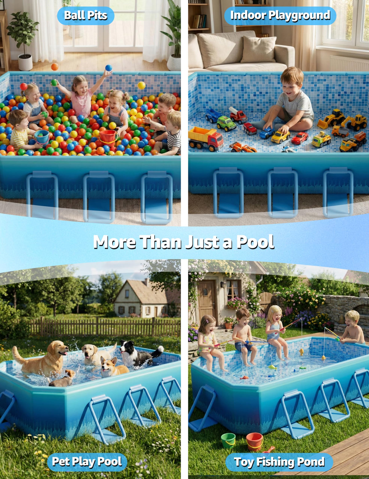 LOMOTIVE pool accommodates kids and pets for safe home water moments.
