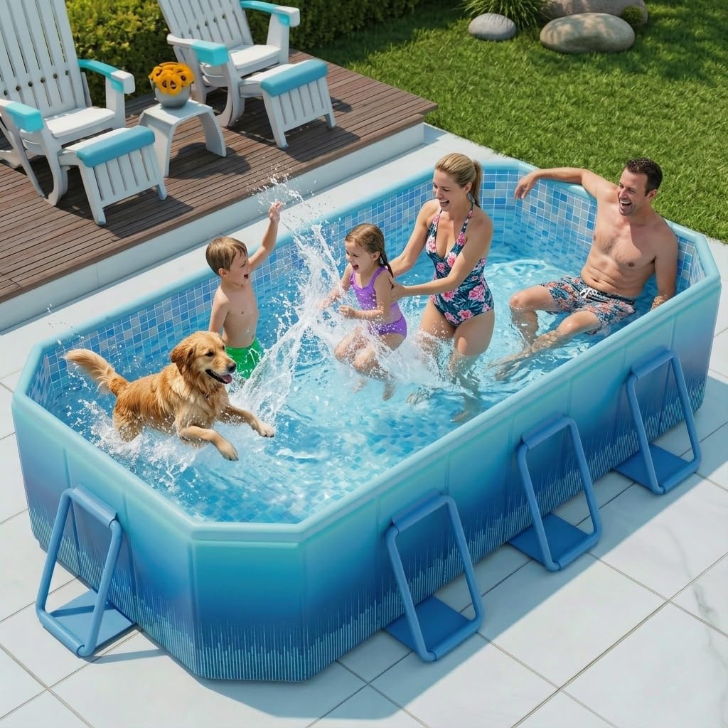 LOMOTIVE pool with unfolded metal-frame for quick, stable backyard setup.
